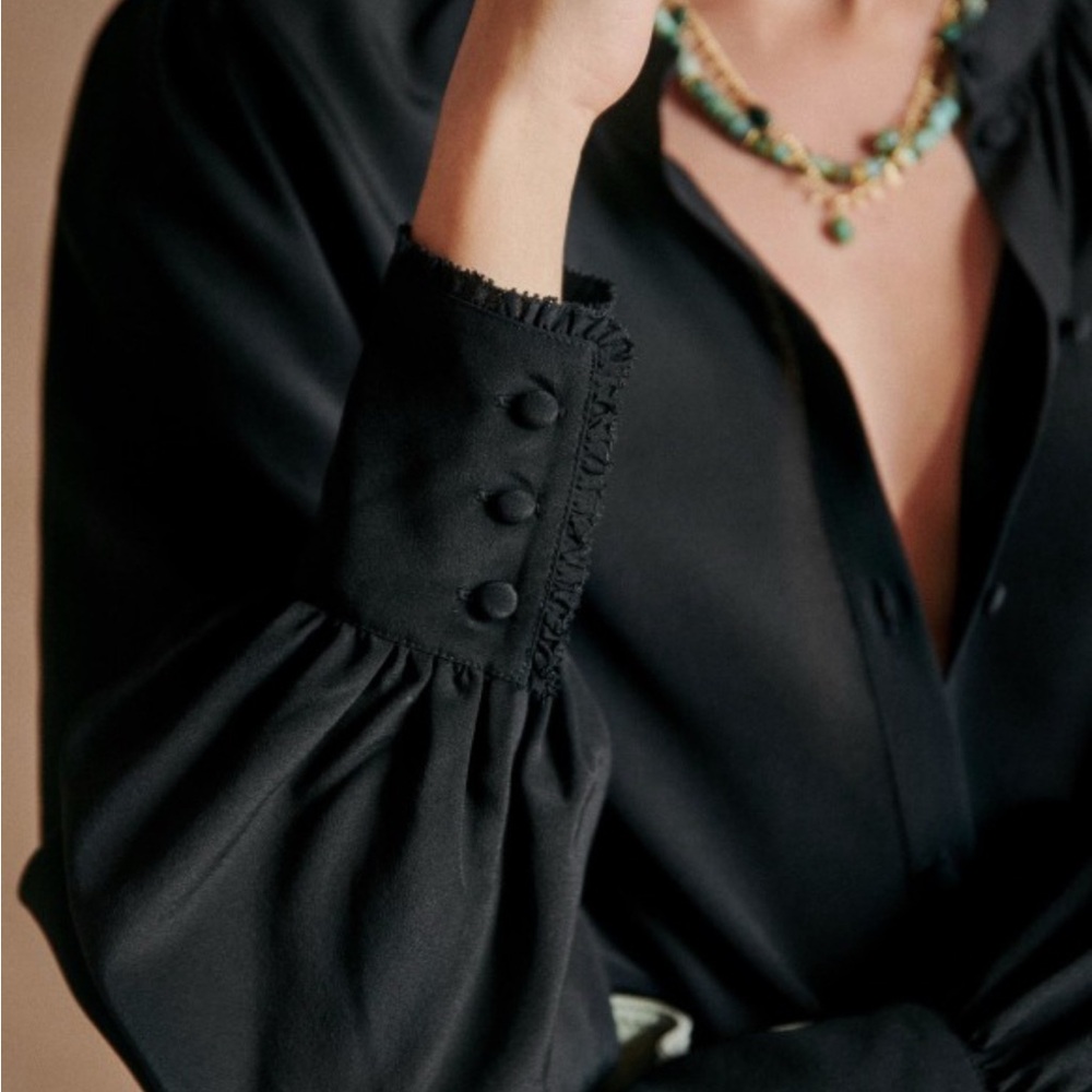 Sézane - Lea Shirt - Long Sleeve Silk Top - size 40 (8-10) - in Black